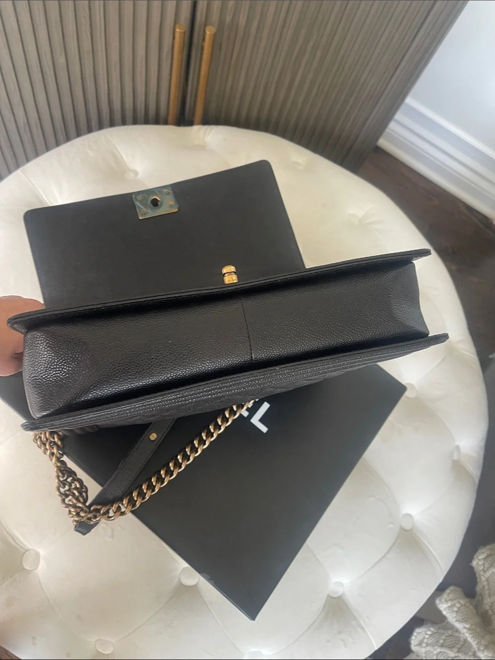 CHANEL Black Quilted Caviar Leather Boy Chanel Bag with Gold Hardware